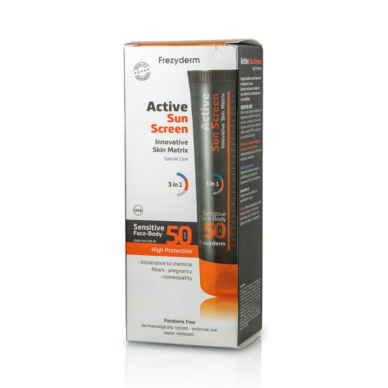 FREZYDERM Active Sun Screen Sensitive Face & Body SPF50 Αντηλιακό για Εγκύους & Ευαίσθητο Δέρμα, Συμβατό με Ομοιοπαθητική 150ml
