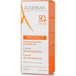 A-DERMA Cream Protect SPF50+ Αντηλιακή Προσώπου Για Κανονικό-Ξηρό Δέρμα Πλούσιας Υφής 40ml