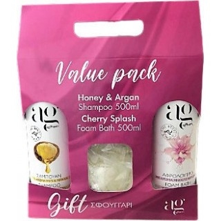 AG PHARM Value Pack Honey & Argan Shampoo Σαμπουάν 500ml & Cherry Splash Foam Bath Αφρόλουτρο 500ml & Δώρο Σφουγγάρι 1τμχ