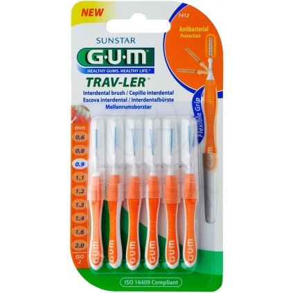 GUM 1412 Trav-Ler Super Fine Cylindrical Interdental Brush Μεσοδόντια Βουρτσάκια 0.9mm Πορτοκαλί 6 Τεμάχια