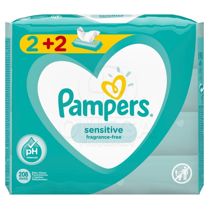 PAMPERS Sensitive Fragrance-free (2+2 ΔΩΡΟ) Μωρομάντηλα 208τμχ