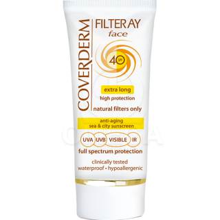 COVERDERM Filteray Face SPF40 Αδιάβροχη Αντηλιακή Κρέμα Προσώπου Απόχρωση Light Beige για 4 Τύπους Ηλιακής Ακτινοβολίας, UVA, UV
